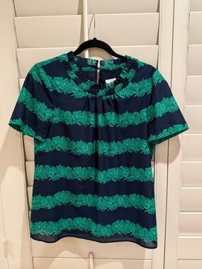 J.Crew Green Floral Navy Stripe Chiffon Ruffle Neck Blouse - Size 8